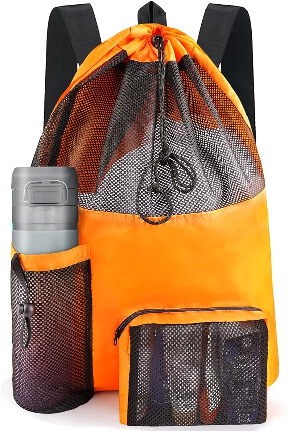HOHOM Mesh Backpack, Waterproof Mesh Drawstring Bag for Men, Women - Large Swim Bag for Swimming Gear, Gym Accessories (Orange)