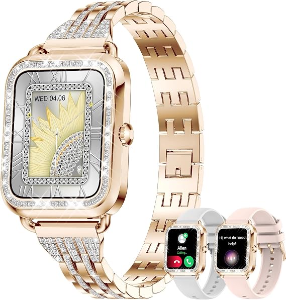 Smart Watches for Women Diamonds(Answer/Make Call),1.29''HD Touch Screen Women Smart Watch Android,Fitness Tracker with HR/SPO2/Sleep Monitor,3 Strap (Diamond Rosegold)