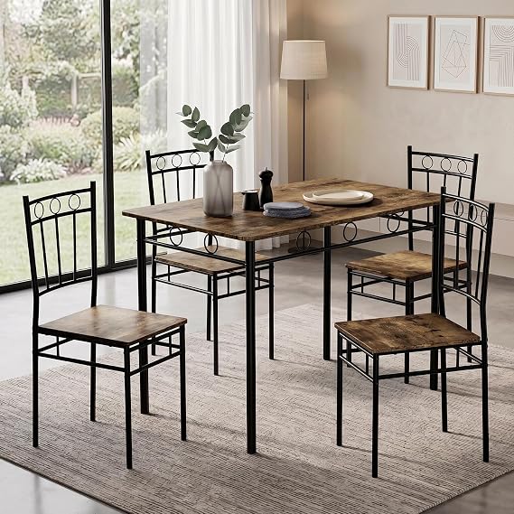 Vipbear Kitchen Dining Table Set for 4, 5-Piece Kitchen Table Set,Dining Room Table Sets,Rectangular Kitchen Table Set with 4 Chairs for Small Space, Dinette,Apartment,Rustic Brown