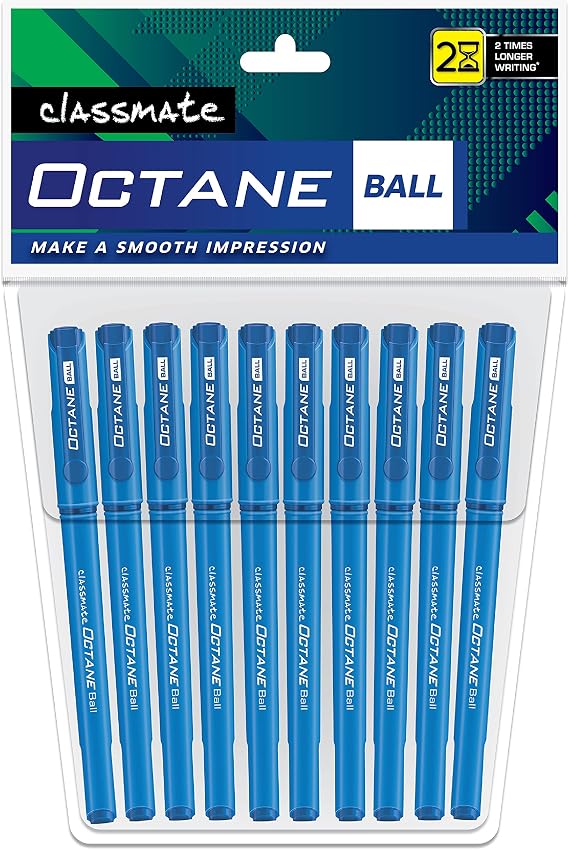 Classmate Octane- Blue Ball Pens (Pack of 10) | Smooth & Fast Writing Ball Pens | Comfortable to hold & write|School & Office Stationery|Work from home essentials