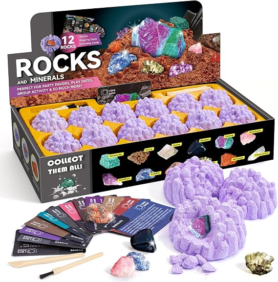 Byncceh Digging Gemstones for Children from 6-12 Years Gemstones Digging Set with 12 Mineral Stones Mineralogy Toy Geology Archaeology Gift for Children Boys Girls