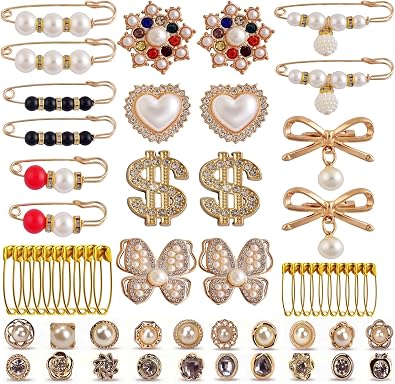 Shoe Charms for Sneakers Charms for Socks Safety Pins 54pcs Brooches and Pins for Women Gold Junk Sock Charm Kit Pin Jewelry Accessories Bulk Rhinestone Pearl Brooch Pin Button for Women Clothes Hats