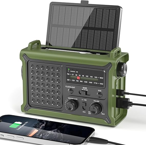 Solar Radio Emergency Hand Crank 12000mAh with Clear Signal, AM FM NOAA Weather Radio Battery Operated with 2-Mode LED Flashlight Cell Phone Charger Dual Outputs SOS