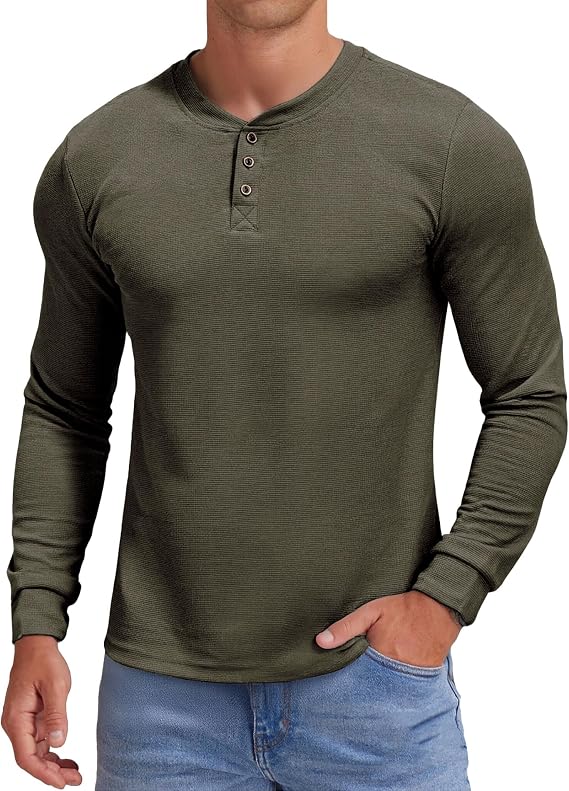 KUYIGO Mens Slim Fit Henley Shirts Waffle Knit Button Casual T Shirt Tops
