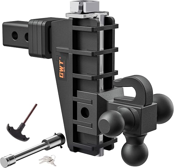 GWTAUTO Adjustable Trailer Hitch with Hook, Tri-Ball (1-7/8" x 2" x 2-5/16") Drop Hitch, Fits 2-Inch Receiver, 6 Inch Drop Hitch, 17000 LBS GTW Tow Hitch for Heavy Duty Truck, Solid Ball Mount
