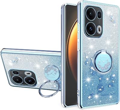 for Oppo Reno 13 Pro Case for Women Girls, Luxury Plating Bling Glitter Sparkle Flowers Shockproof Case with Ring Stand for Oppo Reno13 Pro.Flowers Blue