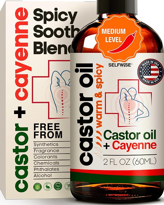 SELFWISE Organic Castor + Cayenne Joint & Body Oil - Warm & Spicy - Moderate Heat for Knees, Elbows, Shoulders & Post-Activity Recovery 2oz