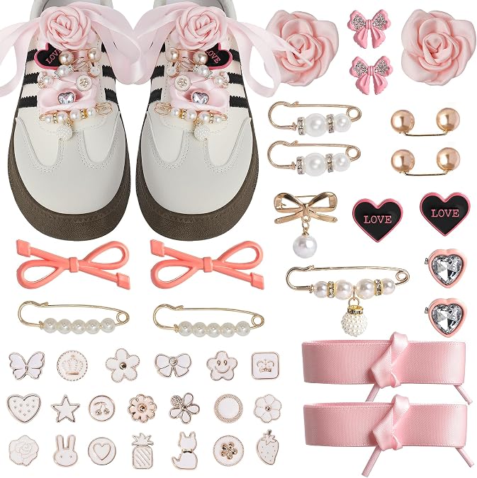 38Pcs Bling Shoe Charms for Sneakers Girls, Bling Shoe Lace Clips, Shoelace Junk Socks Charms Kit