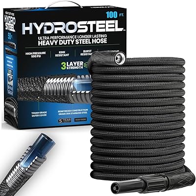 Hydrosteel 100Ft Garden Hose, 304 Stainless Steel Metal Water Hose 100Ft, Ultra Durable Flexible Lightweight Crush Resistant Fittings Kink & Tangle Free 58 Inner Diameter, 500 PSI AS SEEN ON TV
