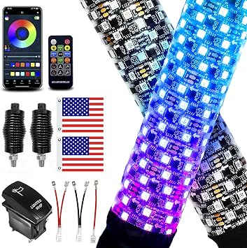 2 Pack 2FT Fat Whip Lights, LED Whip Lights with App & Remote Control, Spiral RGB Chasing Lighted Antenna Whips with Rocker Switch, Music Whip Light for SXS UTV ATV RZRCan-Am X3 Off-Road