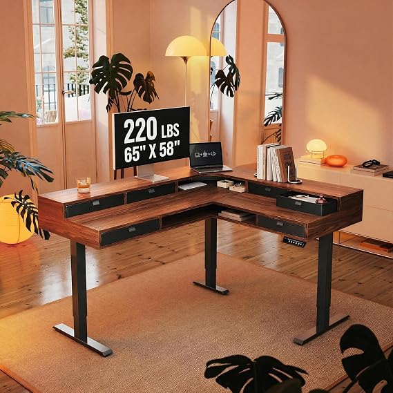 HUANUO 65" L Shaped Standing Desk with 6 Drawers and 2-Tier Storage, Walnut