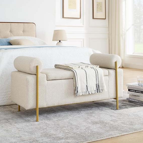 extrasleep 44 Inch Bedroom Ottoman Bench with Storage, Linen Upholstered End of Bed Bench, End of Bed Bench with Storage Compartment, Upholstered Storage Bench with Iron Legs for Living Room, Beige