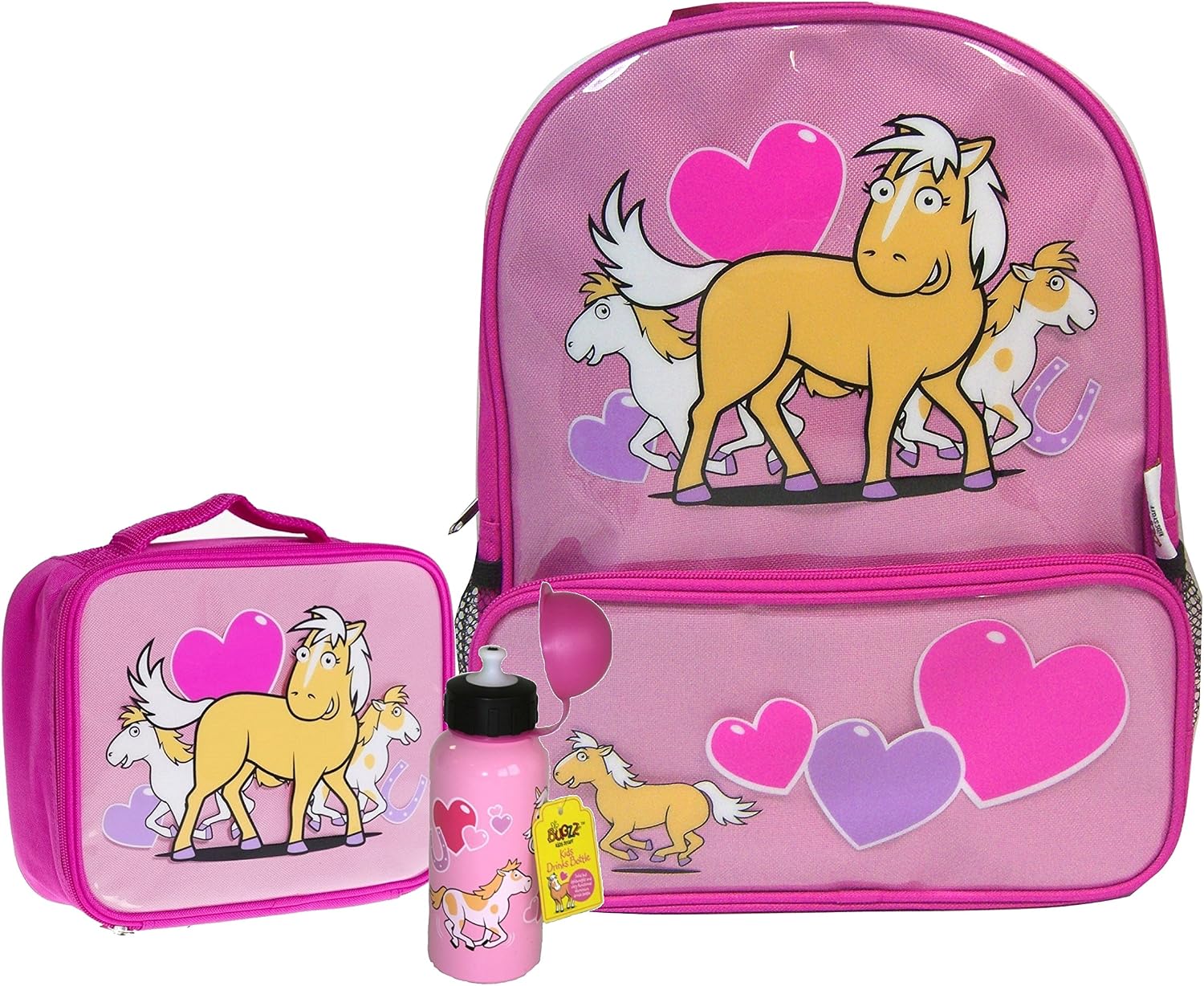 Bugzz Kids Stuff Children's School Bag Set - Backpack - Lunch Bag and Drinks Bottle Pony
