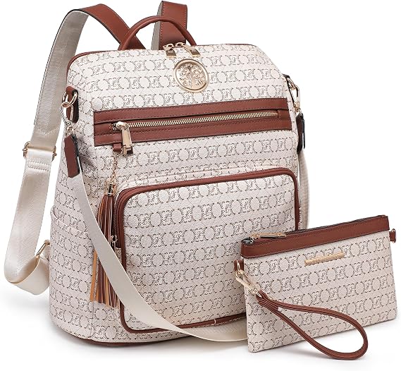 Women's Convertible Backpack Purse, Large Leather Travel Backpack 2PC Set