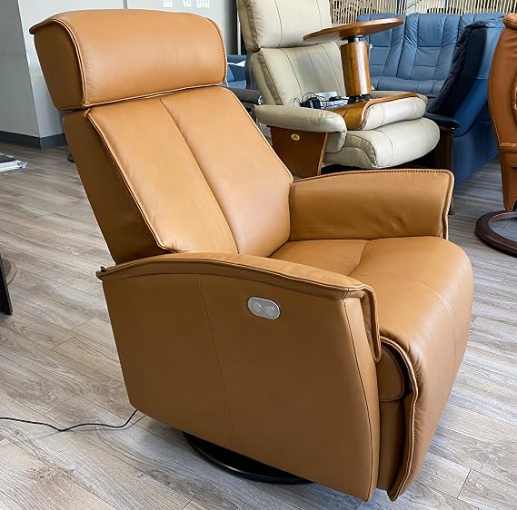 Fjords Venice Small Motorized Power Recline Swivel Swing Relaxer Recliner Chair in Cigar SL 254 Soft Line Premium Leather