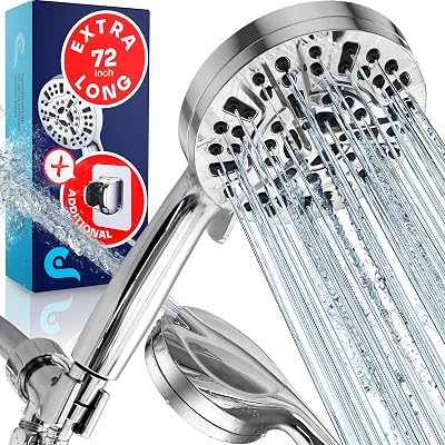 Hand Held Shower Head with Long Hose 72 - High Pressure Shower Wand - Handheld Shower Head with Hose and Power Wash Mode - Detachable Shower Head with Adhesive & Overhead Brackets Silver
