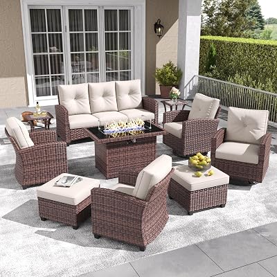 LayinSun 10 Pieces Patio Furniture Set with Swivel Chairs, Rattan Wicker Rocking Glide Chairs with 44 Propane Gas Fire Pit Table Conversation Set