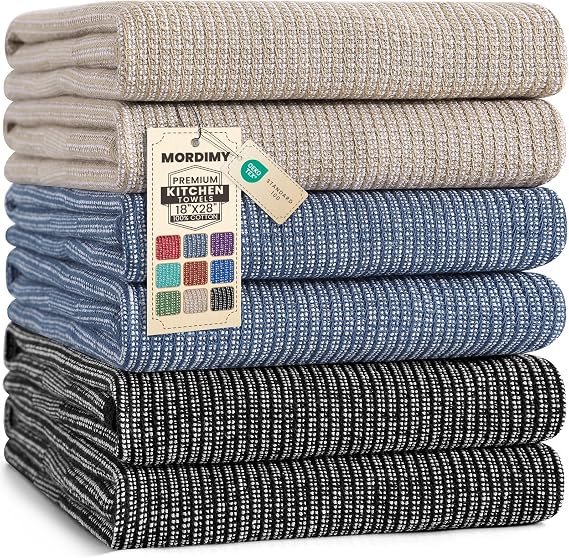 Mordimy Cotton Kitchen Towels (18"x 28", 6 Pack), Navy Blue/Khaki/Black
