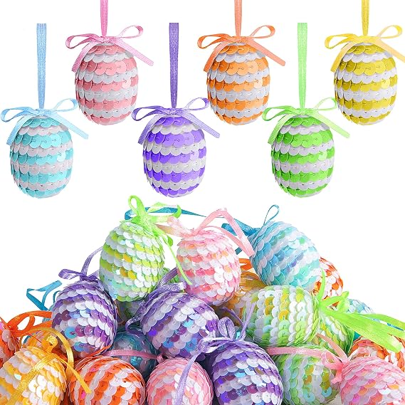 30 Pcs Easter Hanging Sequin Eggs, 1.6" Stripes Easter Eggs Ornaments with Bow, Glitter Spring Hanging Egg Tree Ornaments for Party Birthday Home Garden Decoration