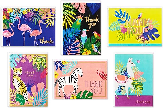 Hallmark Thank You Card Variety, Tropical Animals (24 Various Thank You Notes with Adverbs - Cheetah, Llamas, Zebras, Flamingos, Birds)