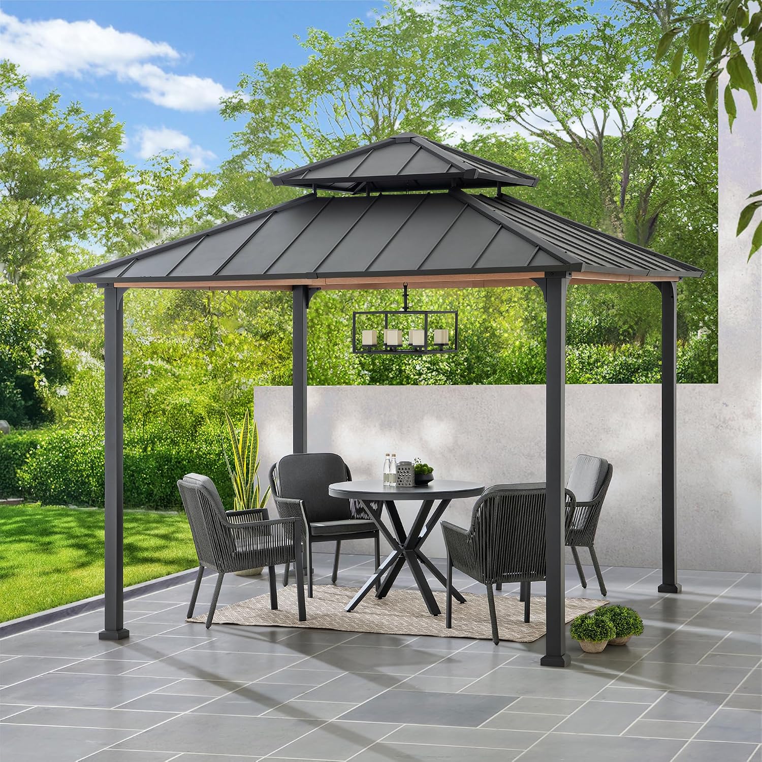 SUNJOY Hardtop Gazebo 3x3 m, 2-Tier Fixed Steel Double Roof, Wind & Snow Resistance, Outdoor Waterproof Heavy Duty Pavilion for Patio, Garden, Deck