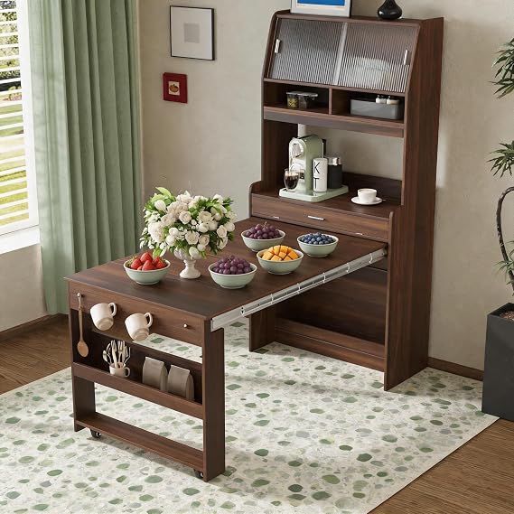 69 Inch Buffet with Hutch and Foldable Dining Table, Walnut