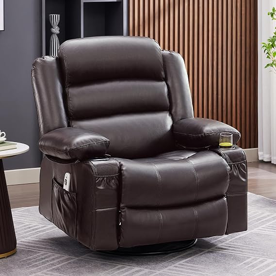 Rocker Recliner Chair with Heat and Massage, 360 Swivel Nursery Rocking Chairs for Adults, Oversized Recliner Single Sofa Seat with Cup Holders, Lazy Boy Recliner Single Sofa (Manual, Darkbrown)