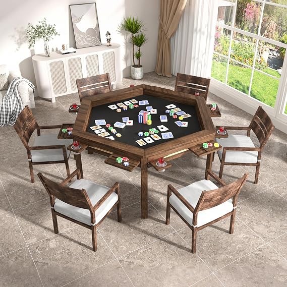 BlueWish Hexagonal Board Game Table, Gaming & Dining Table with Removable Table Top for 4 to 6 Players, Detachable Sliding Cup Holders, Detachable Sliding Trays & Leatherette Play Mat
