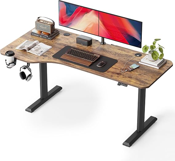 FEZIBO L-Shaped Desk Height Adjustable Electric 160 cm Height Adjustable Standing Table, Home Office with Splicing Board, Black/Rustic Brown Table Top