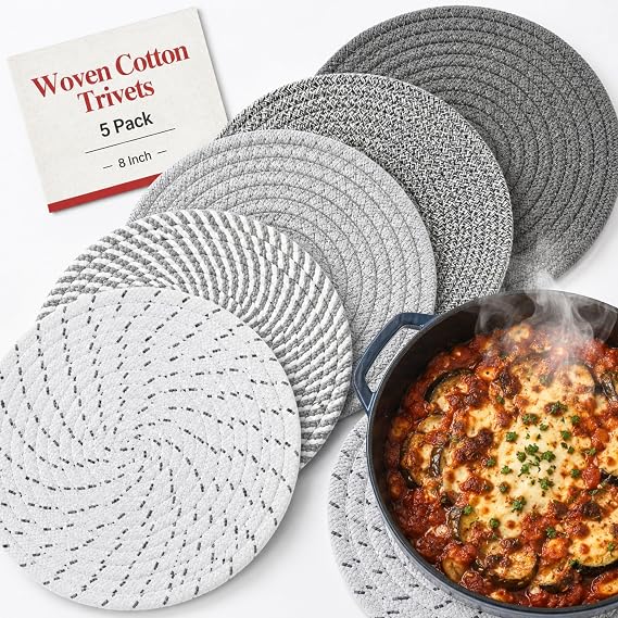 8 Inch Woven Trivets for Hot Dishes, 5 Pack Large Heat Resistant Cotton Hot Pads for Pots, Pans, Coffee Pot, Teapot, Plates & Planters, Farmhouse Boho Kitchen Decor for Table and Countertop