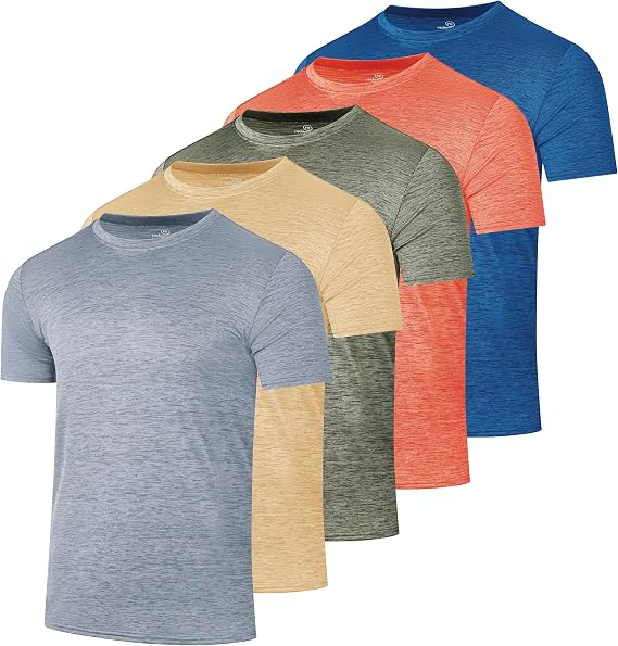 5 Pack Men's Dry Fit Workout T Shirts Crew Neck Athletic Gym Running Tees | Short Sleeve, Moisture Wicking, Cooling, Stretch, Undershirts, Work, Summer, Hiking, Tennis, Basketball, Sports, Exercise