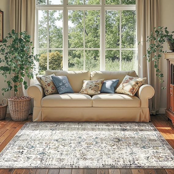 jinchan Distressed Vintage Medallion Area Rug, 4x6 Blue, Washable Non Slip | Distressed Finish, Low Profile, Soft Comfort, Easy Care, Pet Friendly, Entryway Living Room Bedroom Home Office Decor