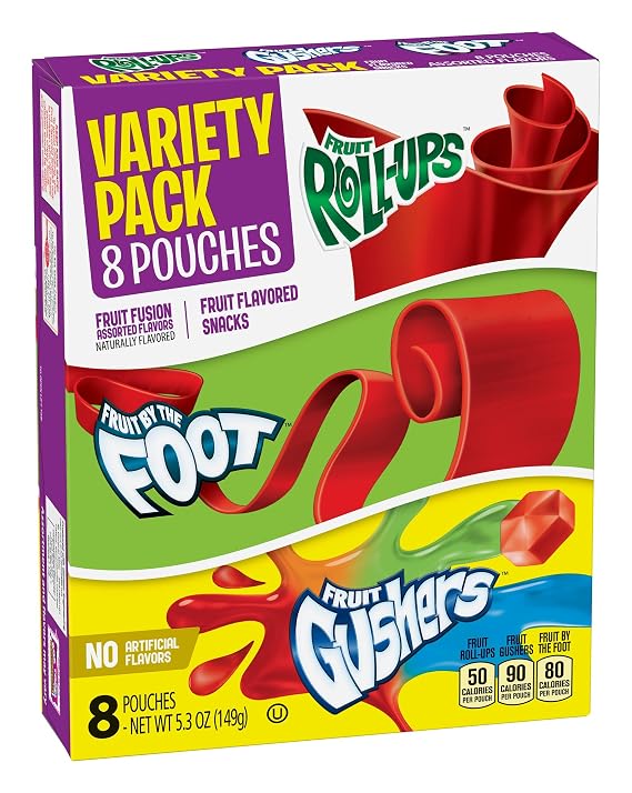 Betty Crocker Fruit Snacks, Fruit Roll-Ups, Fruit by the Foot and Fruit Gushers, Variety Snack Pack, 8 Pouches
