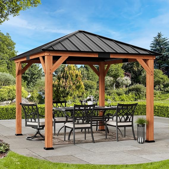 Modern Shade Permanent Wood Gazebo 10x10 with Galvanized Steel Roof