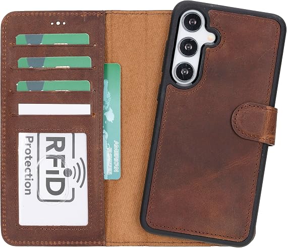 Samsung Galaxy S24 Plus ile Uyumlu Çıkarılabilir Cüzdanlı Kılıf - Kartlık Bölmeli, Stand Özellikli, RFID Engelleyici, Güçlü Mıknatıslı Kapaklı Dayanıklı Hakiki Deri Telefon Kılıfı (Antik Kahverengi)