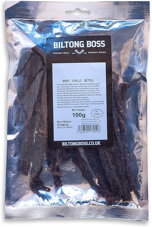 Biltong Boss, Chilli Bites (Snap Sticks), Authentic Traditional Recipe, Ready To Eat Flavoured Meat High Protein Snack, Suitable For Paleo, Keto, Atkins Diets & Post-Workout, Low Sugar & Carbs 100g