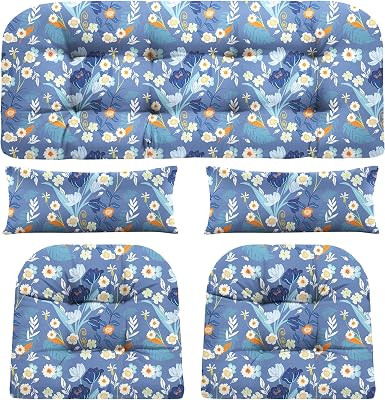 Wicker Chair Cushions of 5 Pieces, Waterproof Outdoor Loveseat Cushion for Wicker Furniture, 1 Love Seat Cushion, 2 U-Shape and 2 Lumbar Pillows for Patio Furniture Blue Flower
