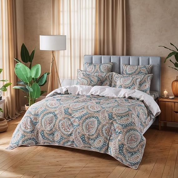 FADFAY Paisley Duvet Cover Set Twin Blue and Beige Reversible Paisley Floral Bedding 100% Cotton Ultra Soft Bedding Set with Hidden Zipper Closure 3 Pieces, 1Duvet Cover & 2Pillowcases, Twin Size