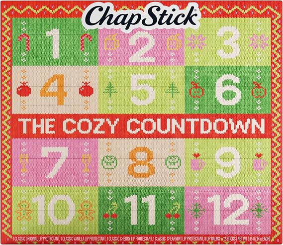 ChapStick Advent Calendar 2025 Cozy Countdown to Christmas, Variety 12-Pack Lip Balm Gift Set, Holiday Gifts for Women, Men, Teens, Coworkers, Grandpa & Grandma, 0.15 Oz Each