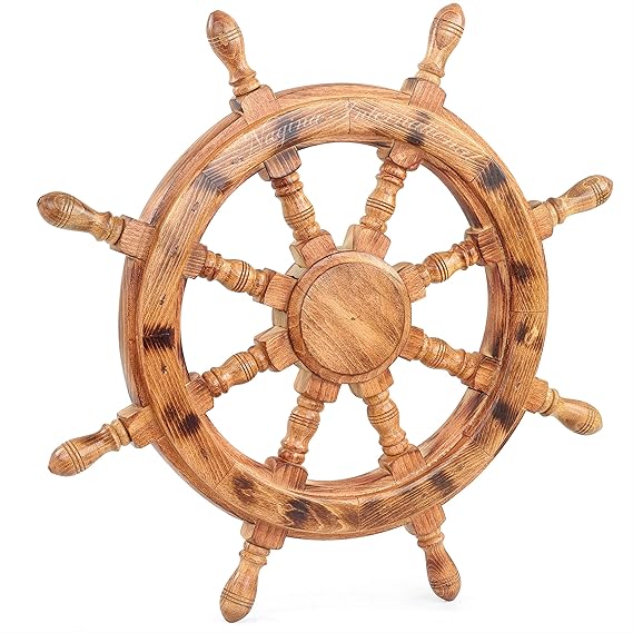 Nagina International Antique Brown Ship Wheel (Ochre Finish) - 30 Inches Nautical Wooden Ship Wheel Handcrafted Premium Heavy Wall Decor Accents & Sculptures
