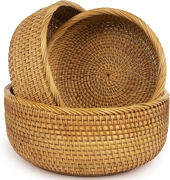 Woven Fruit Basket For Holder Bowl Decorative Bread Vegetable, Serving Bowl Set of 3 For Organizing Kitchen Natural Rattan Picnic Basket Round Stackable (Natural)
