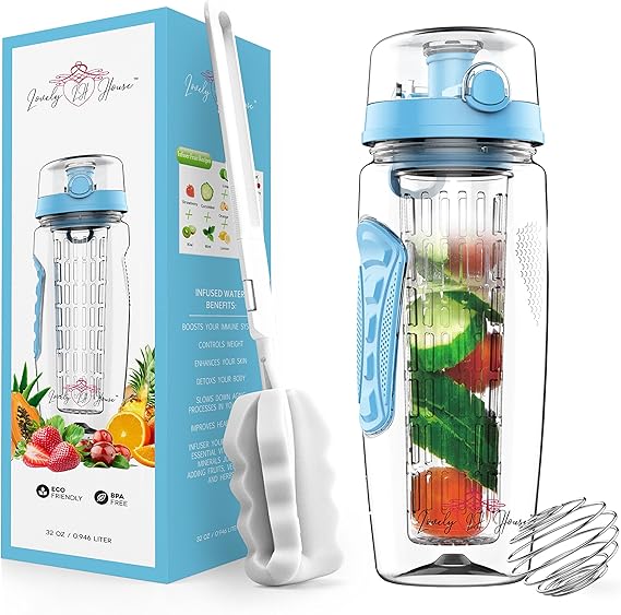 Fruit Infuser Water Bottle 32 oz: Flavored Water & Tea Infusion for Hydration, Protein Shake Sports Container, Leak-Proof Lid, Long Infuser Basket with Sleeve, Cleaner Brush & Mix Ball