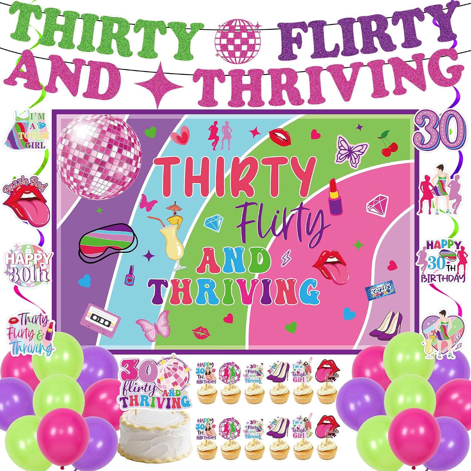 Thirty Flirty And Thriving Decorations - 42 Pcs Thirty Themed Birthday Banners Hanging Swirls Cake Cupcake Toppers Backdrop For Women Talk Thirty To Me 30th Birthday Party Decor Supplies