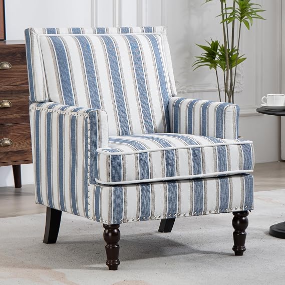 Yoglad Vintage Striped Accent Armchair Accent Chair Set of 2, Blue+White