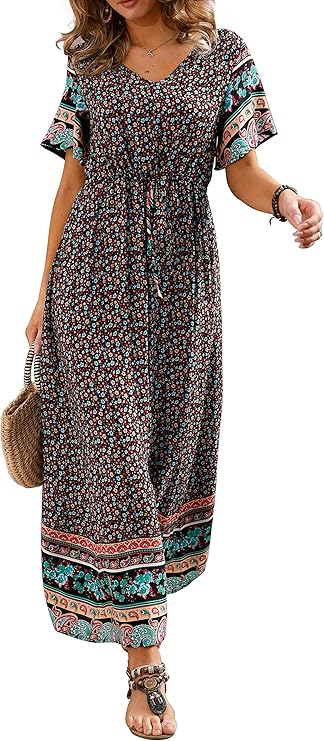 GRECERELLE Womens Summer Maxi Boho Beach Dress Floral Print Dress V Neck Short Sleeve Drawstring High Waist Flowy Long Midi Dresses