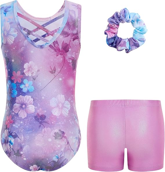 JiAmy Girls Sparkly Gymnastics Leotard 3-Piece Sleeveless Dance Set 3-12Y