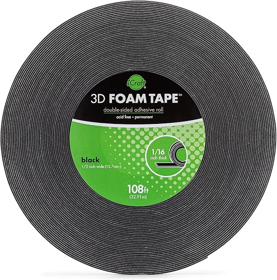 iCraft 5608 3D Foam Tape Jumbo Rolls, Black, 1/16 inch; 108 feet