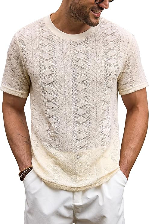 Herberton Mens Textured Tshirt Knitted Crochet Casual Summer Vacation Beach T-Shirt (S-XXL)