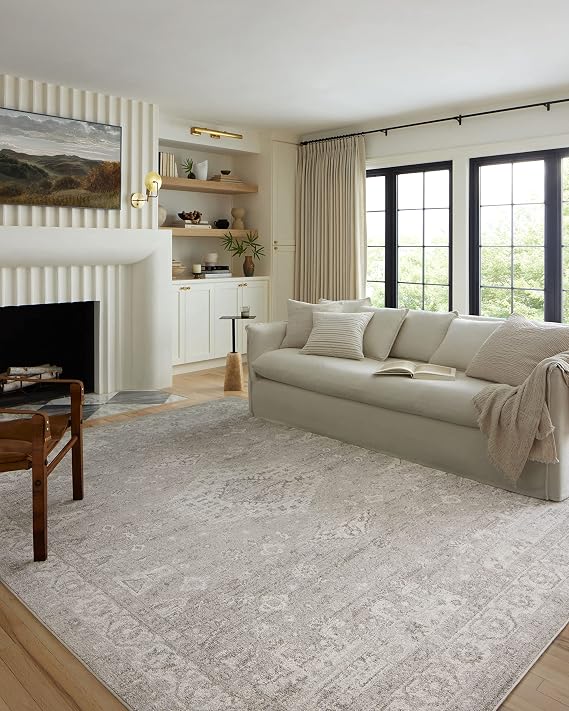 Loloi Odette Silver/Ivory 9'-2" x 9'-2" Round Area Rug | ODT-02 Approx. 9' Round Grey Living room Dining room Bedroom, Vintage Inspired, Traditional, Elegant, Statement, Area Rug