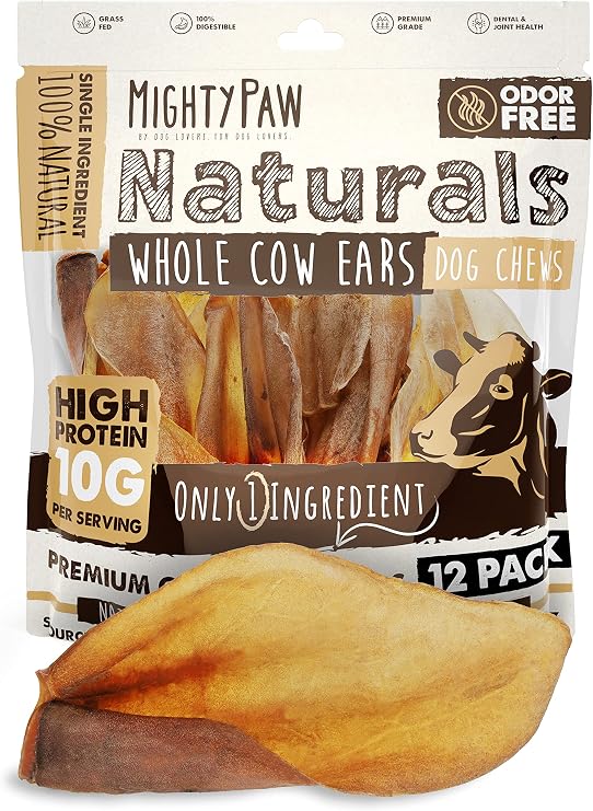 Mighty Paw 100% Natural Cow Ears for Small, Medium & Large Dogs, 12 Pack | Unbleached, Single Ingredient, Grass-Fed, Grain-Free, Supports Joint & Cartilage Health, 10g Protein